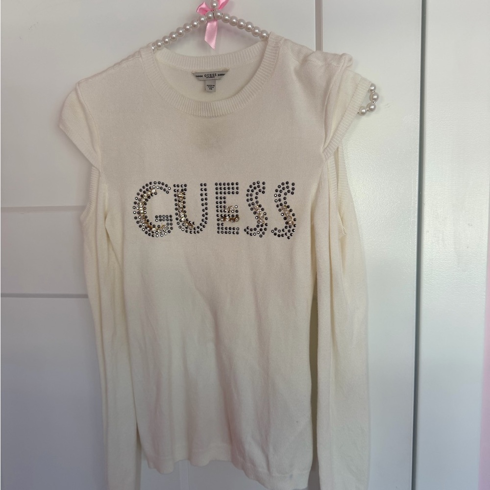 Guess Ivory Rhinestone Logo Cut Out Sweater